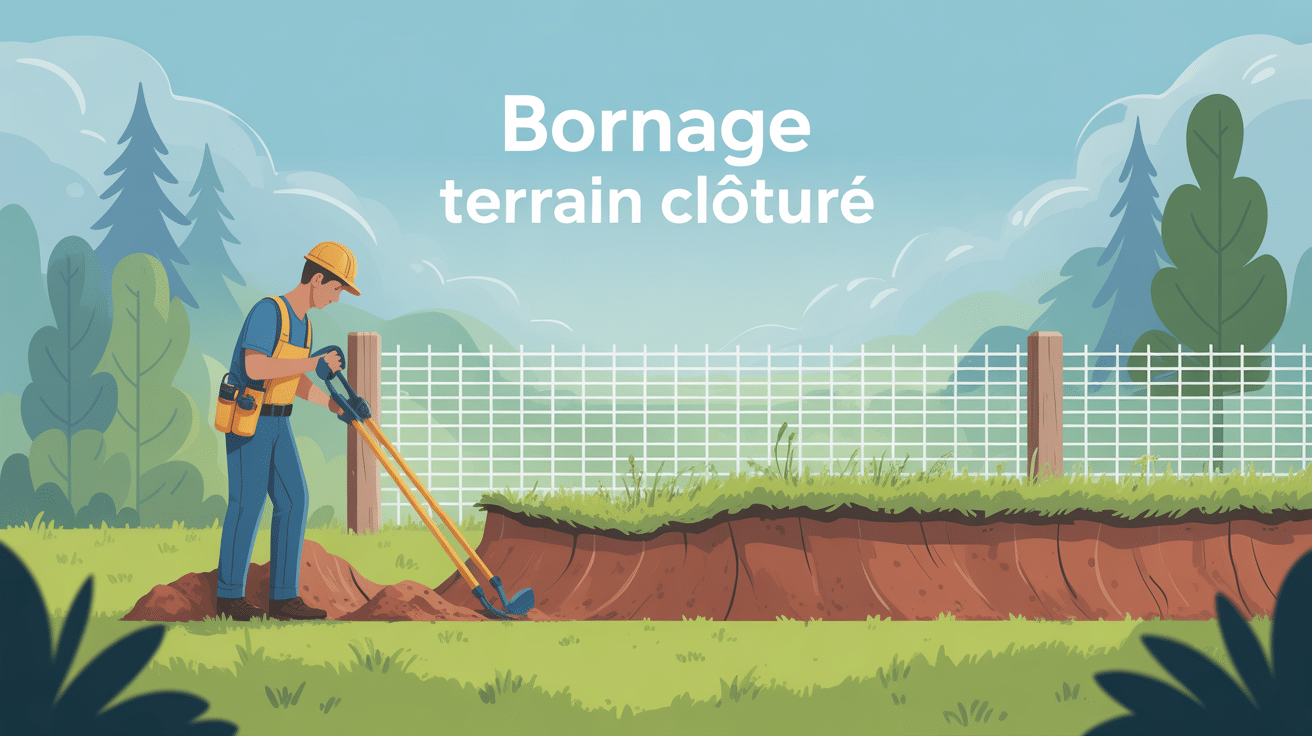 Processus de bornage sur terrain déjà clôturé avec géomètre près d'une clôture