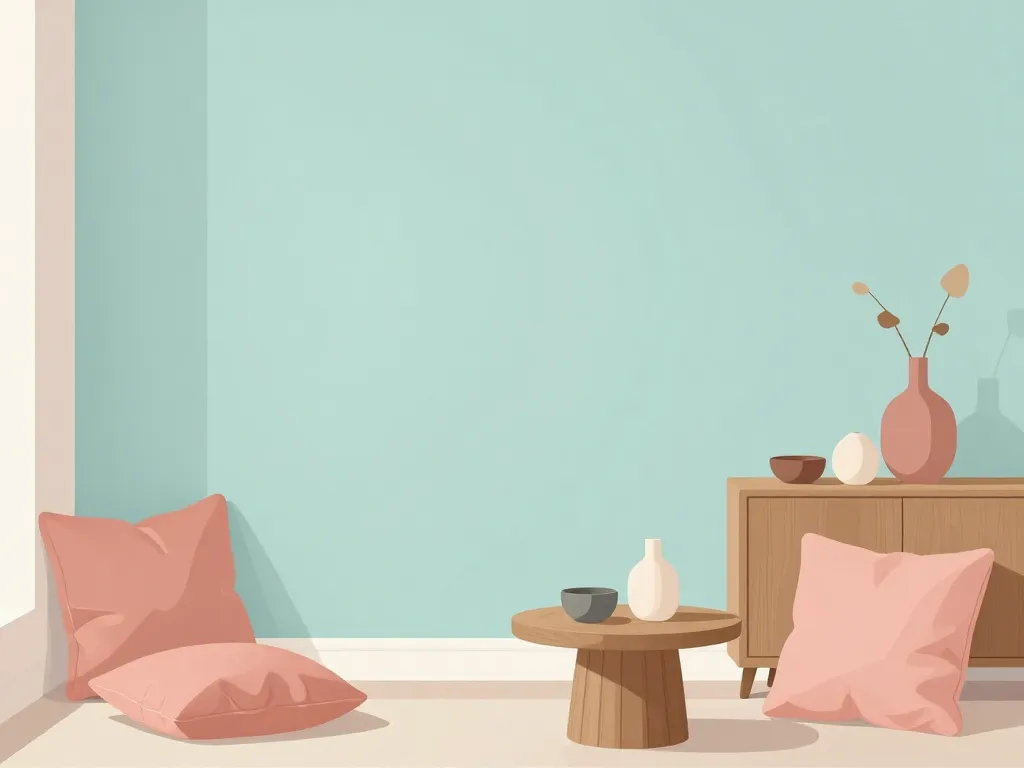 scène intérieure couleur complémentaire vert d'eau et rose corail déco moderne