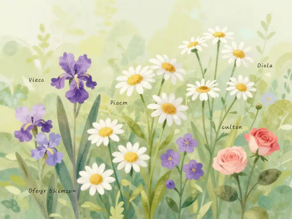 groupe de fleurs en ette sur fond botanique