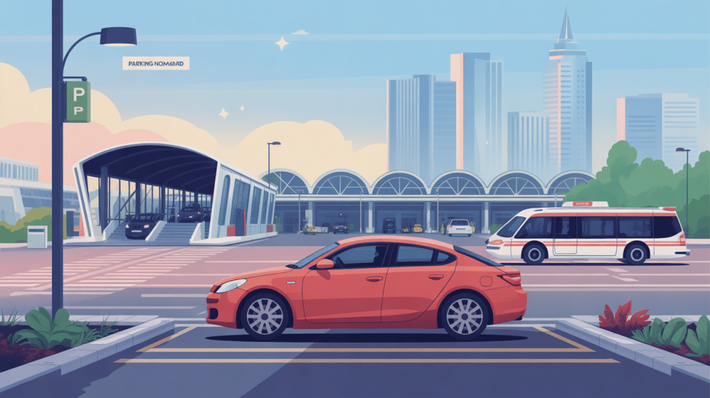 Illustration parking nomad sécurisé avec navette vers aéroport