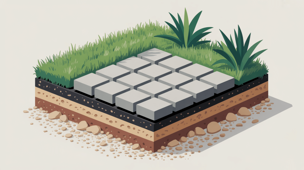 schéma coupe avec fondation, sable et pavés pour quelle epaisseur de sable pour poser des pavés