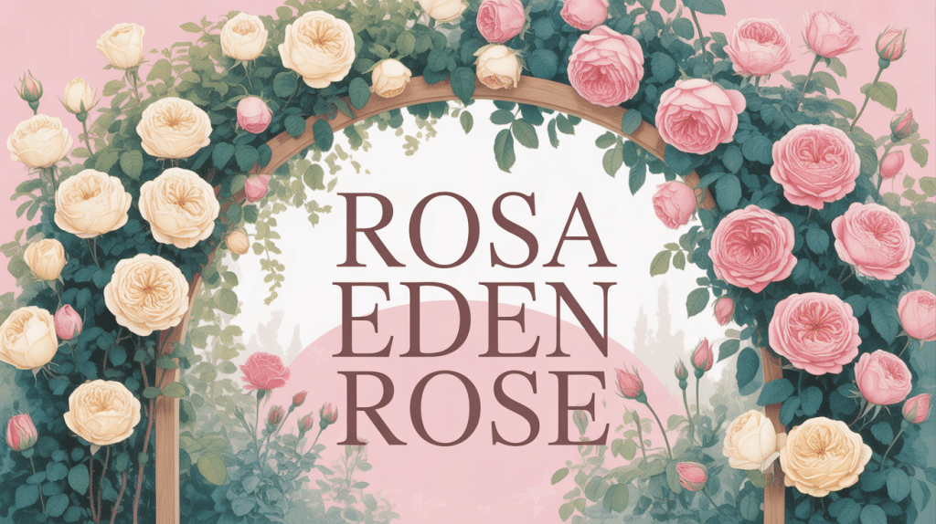 arche jardin avec rosa eden rose en pleine floraison