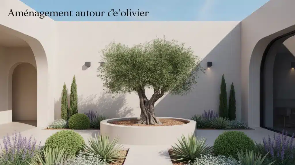 Amenagement olivier jardin paillage mineral galets graviers