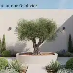 Amenagement olivier jardin paillage mineral galets graviers