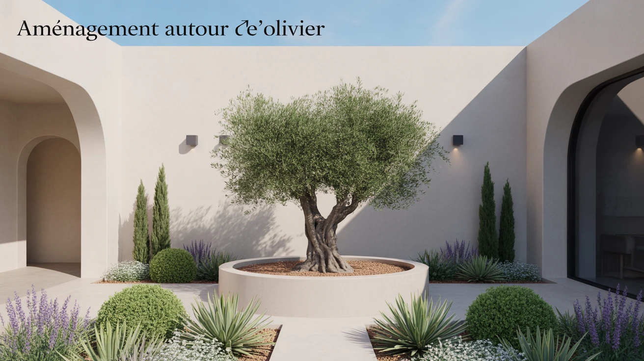Amenagement olivier jardin paillage mineral galets graviers