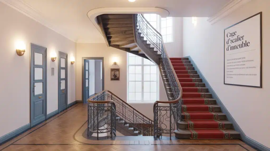 cage d'escalier immeuble avec matériaux modernes et anciens