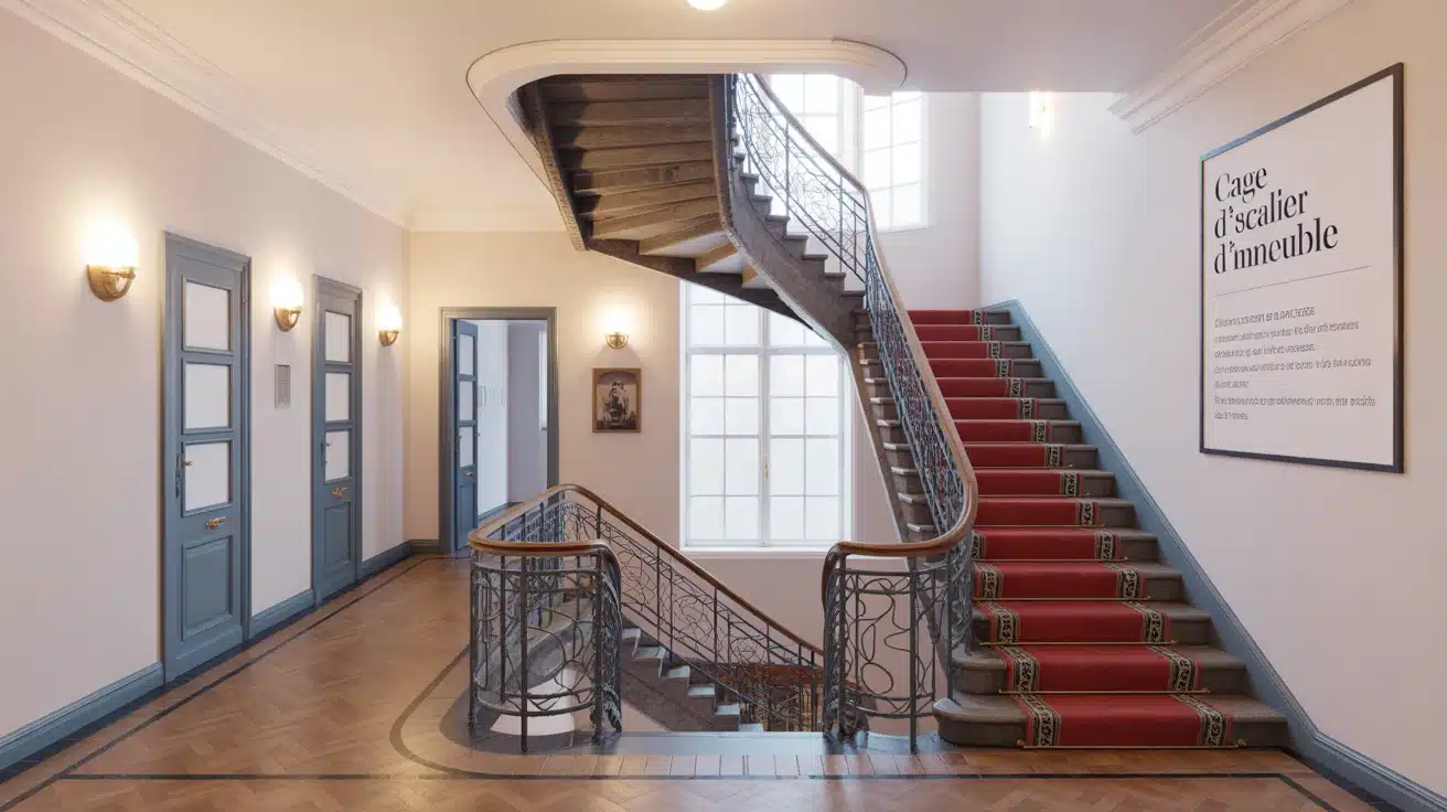 cage d'escalier immeuble avec matériaux modernes et anciens