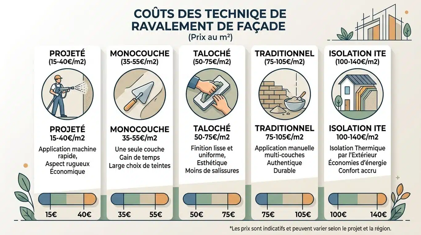 Infographie comparative des prix au m2 selon la technique de crépi de façade