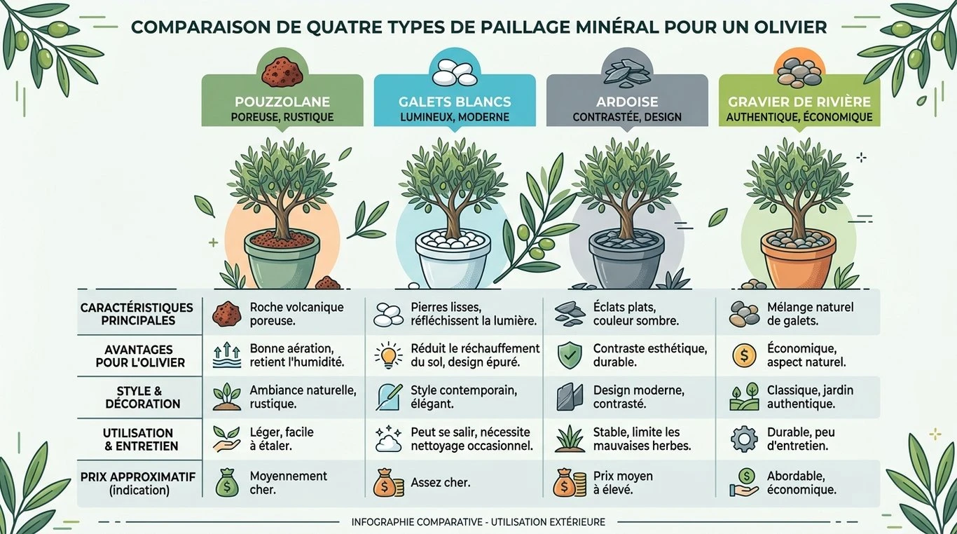 Infographie comparative des matériaux de paillage pour olivier