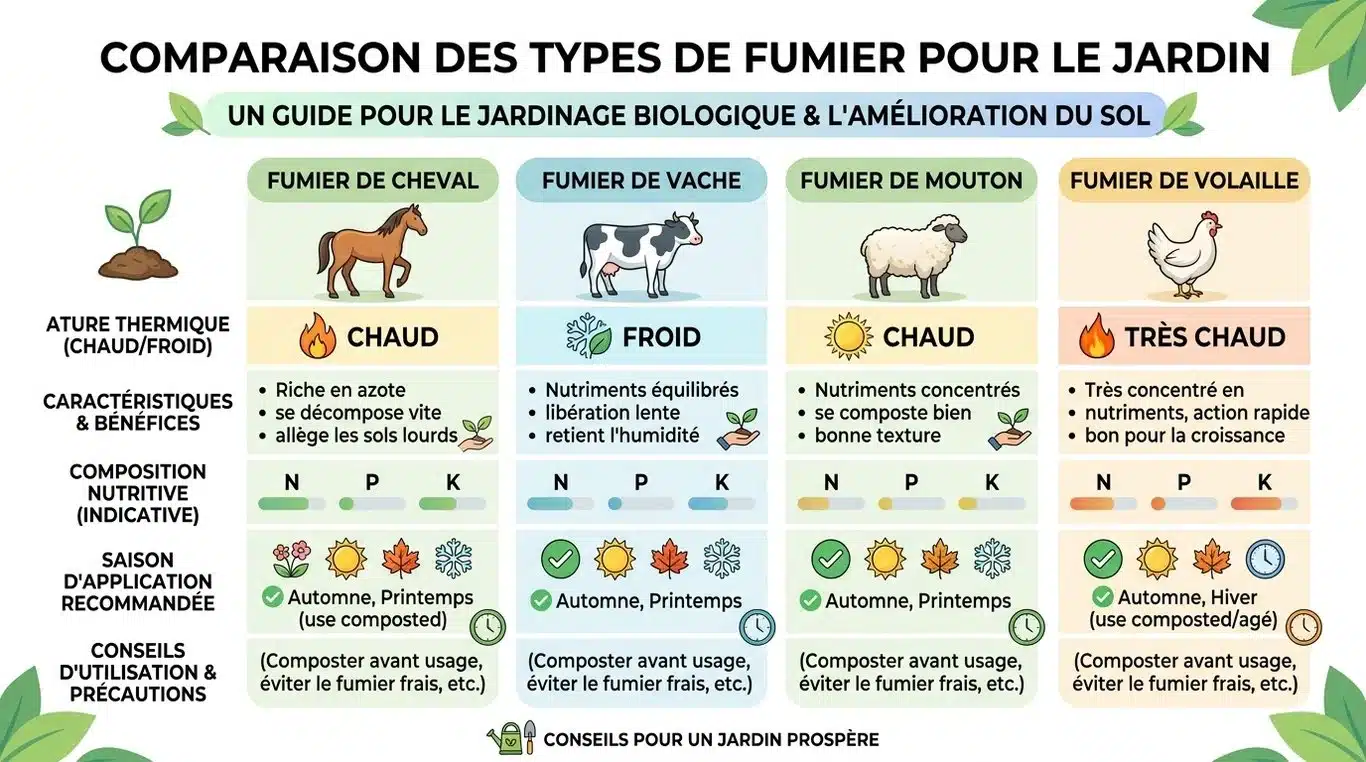 Infographie comparative des types de fumier et périodes d'épandage au jardin