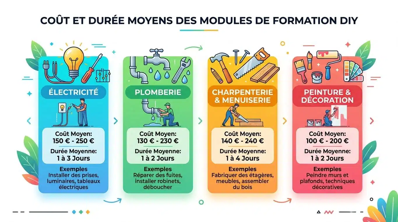 Infographie comparative des coûts et durées des formations en bricolage