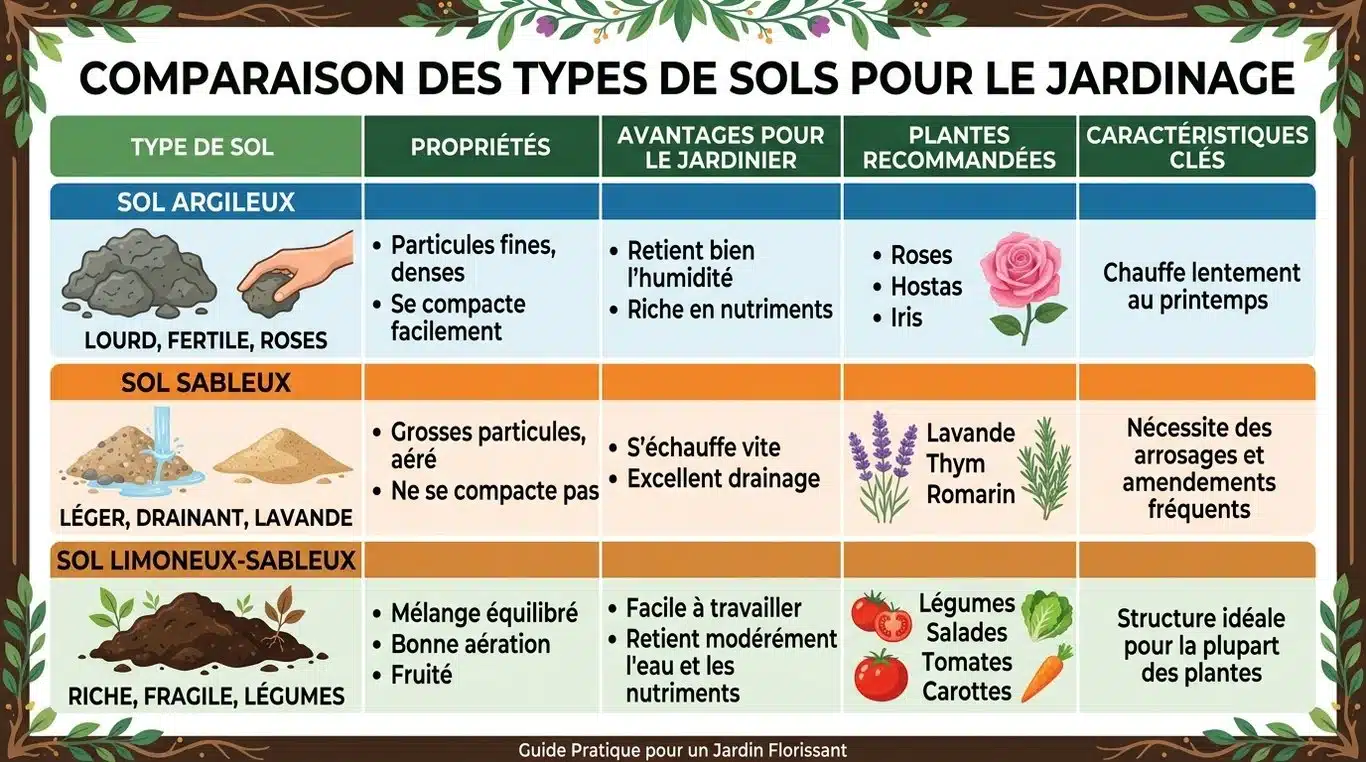 Infographie comparative des types de sols pour le jardinage