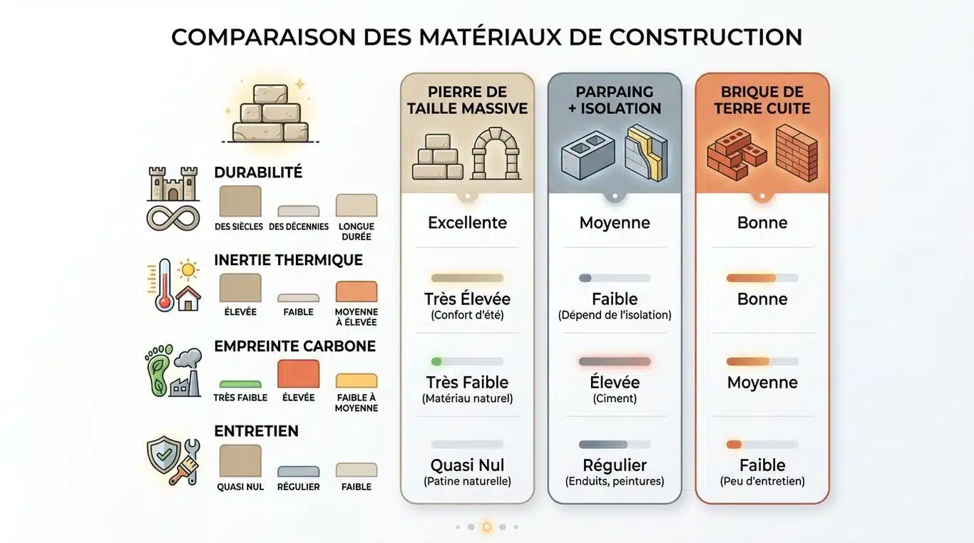 Infographie comparative des matériaux de construction : Pierre de taille vs Parpaing vs Brique