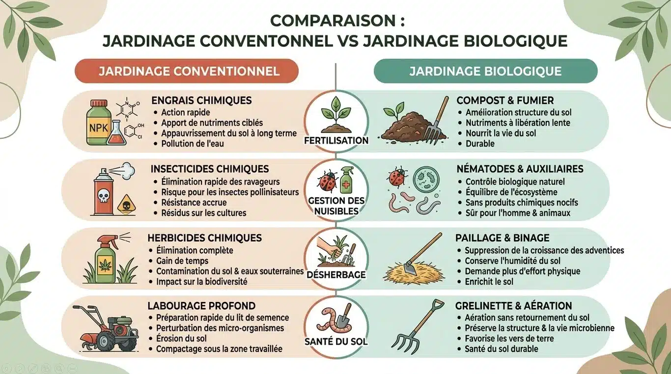 Infographie comparative : Jardinage conventionnel vs Jardinage biologique