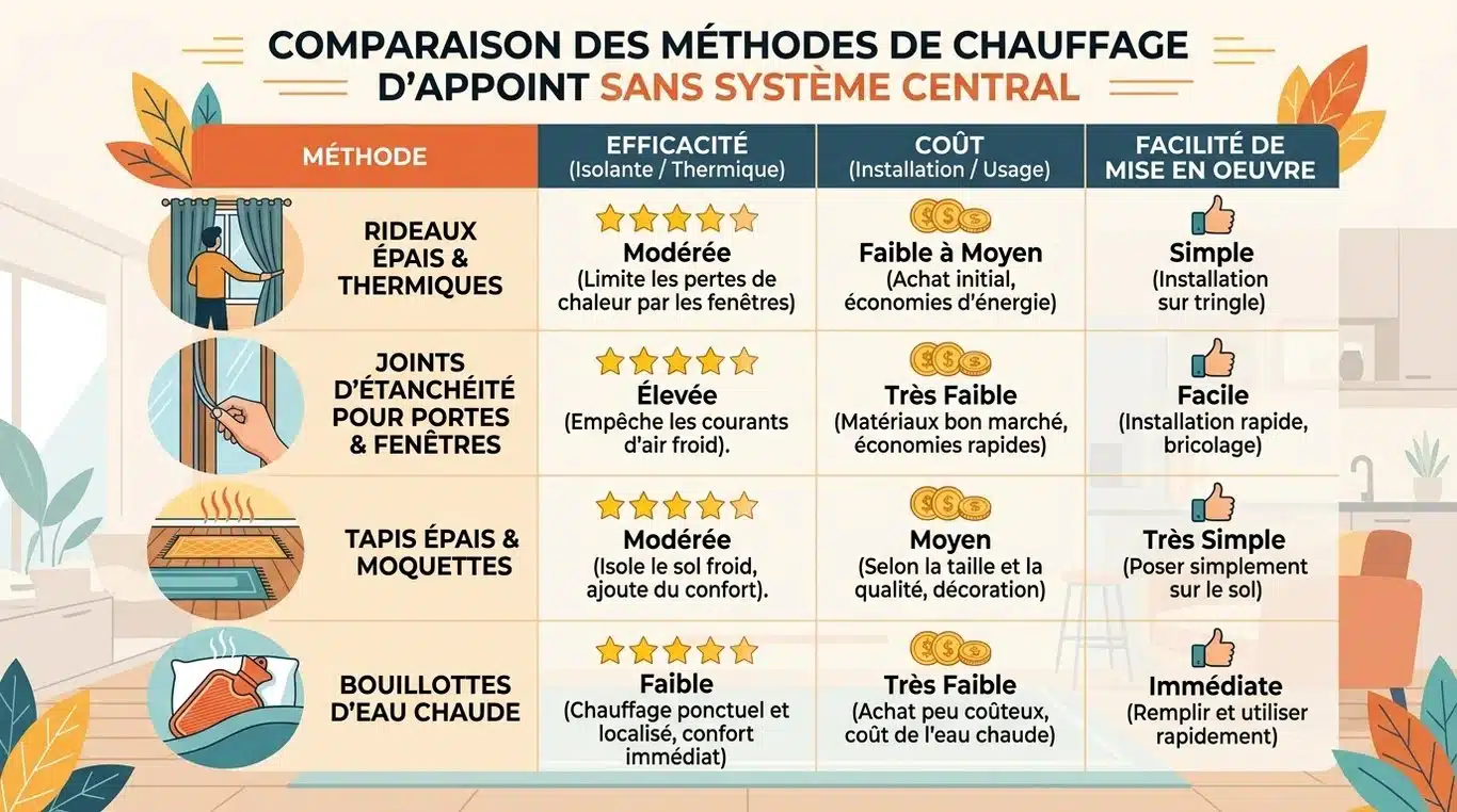 Infographie comparative des solutions pour chauffer sa maison sans chauffage : efficacité, coût et facilité de mise en œuvre.