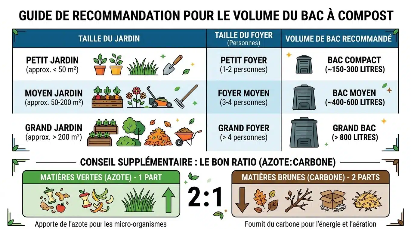 Infographie : Choisir la taille de son composteur selon son jardin et ratio matières vertes/brunes