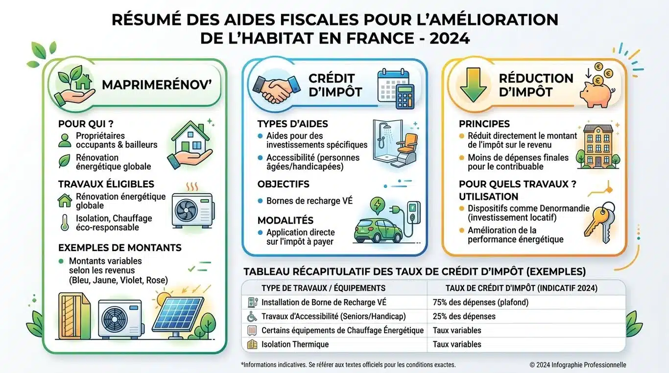 Infographie récapitulative des aides et dispositifs fiscaux pour les travaux en résidence principale 2024