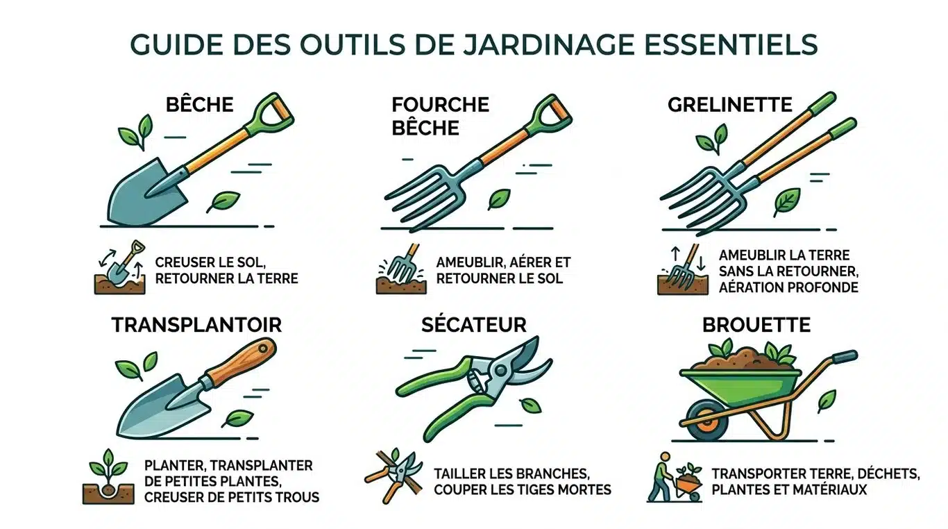 Infographie des outils de jardinage essentiels et leurs usages