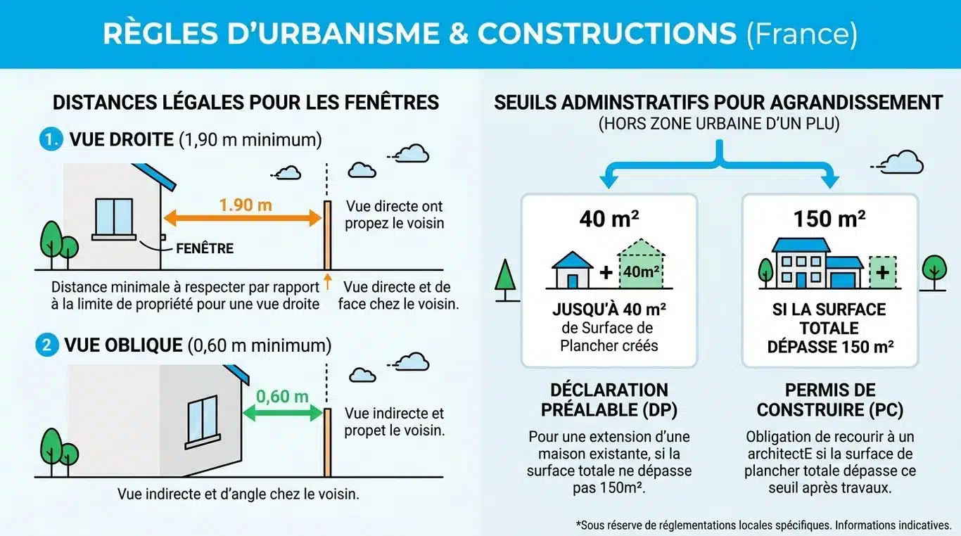 Infographie des règles de distance et seuils administratifs pour une surélévation de maison