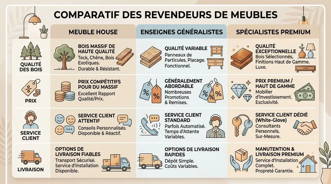 Infographie comparative : positionnement de Meuble House face à la concurrence