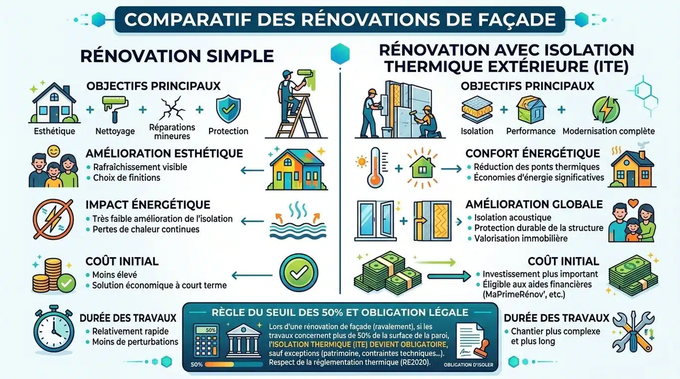 Infographie comparative : Ravalement simple vs Isolation Thermique par l'Extérieur (ITE)
