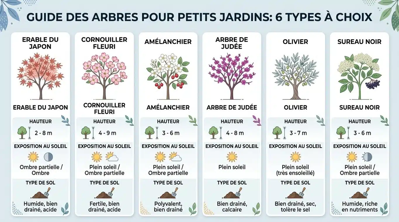 Infographie comparative des meilleurs arbres pour petits jardins