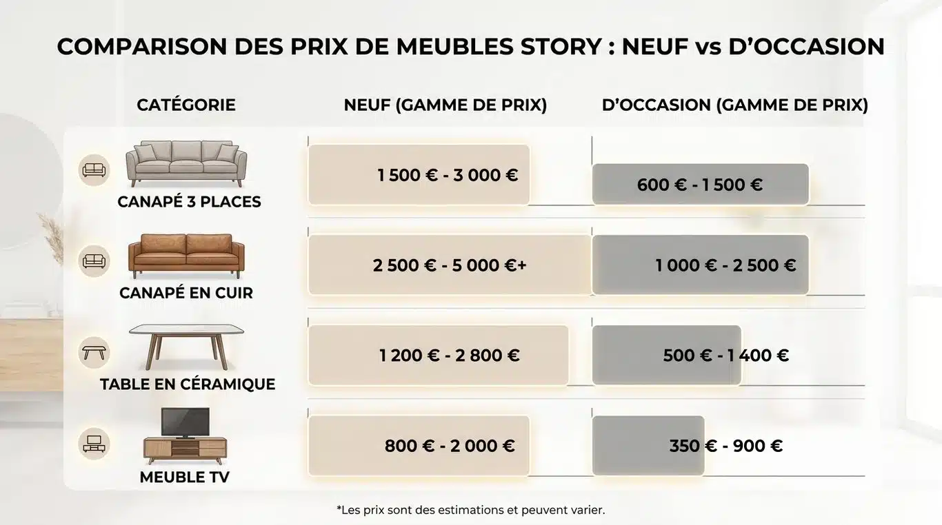Infographie comparative des prix des meubles Story : neuf vs occasion