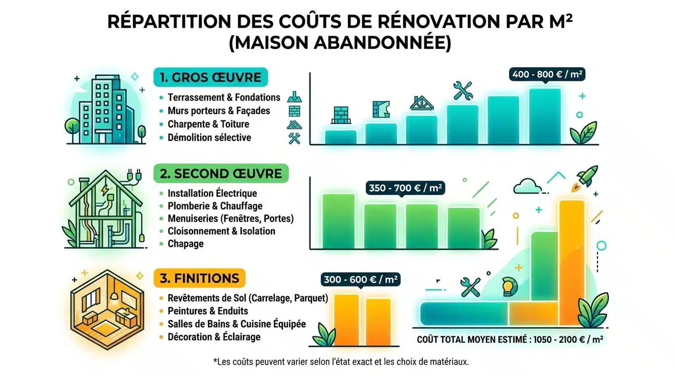 Infographie des coûts de rénovation d'une maison abandonnée par poste de dépense
