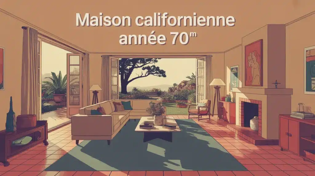 Salon maison californienne année 70 bois verre pierre