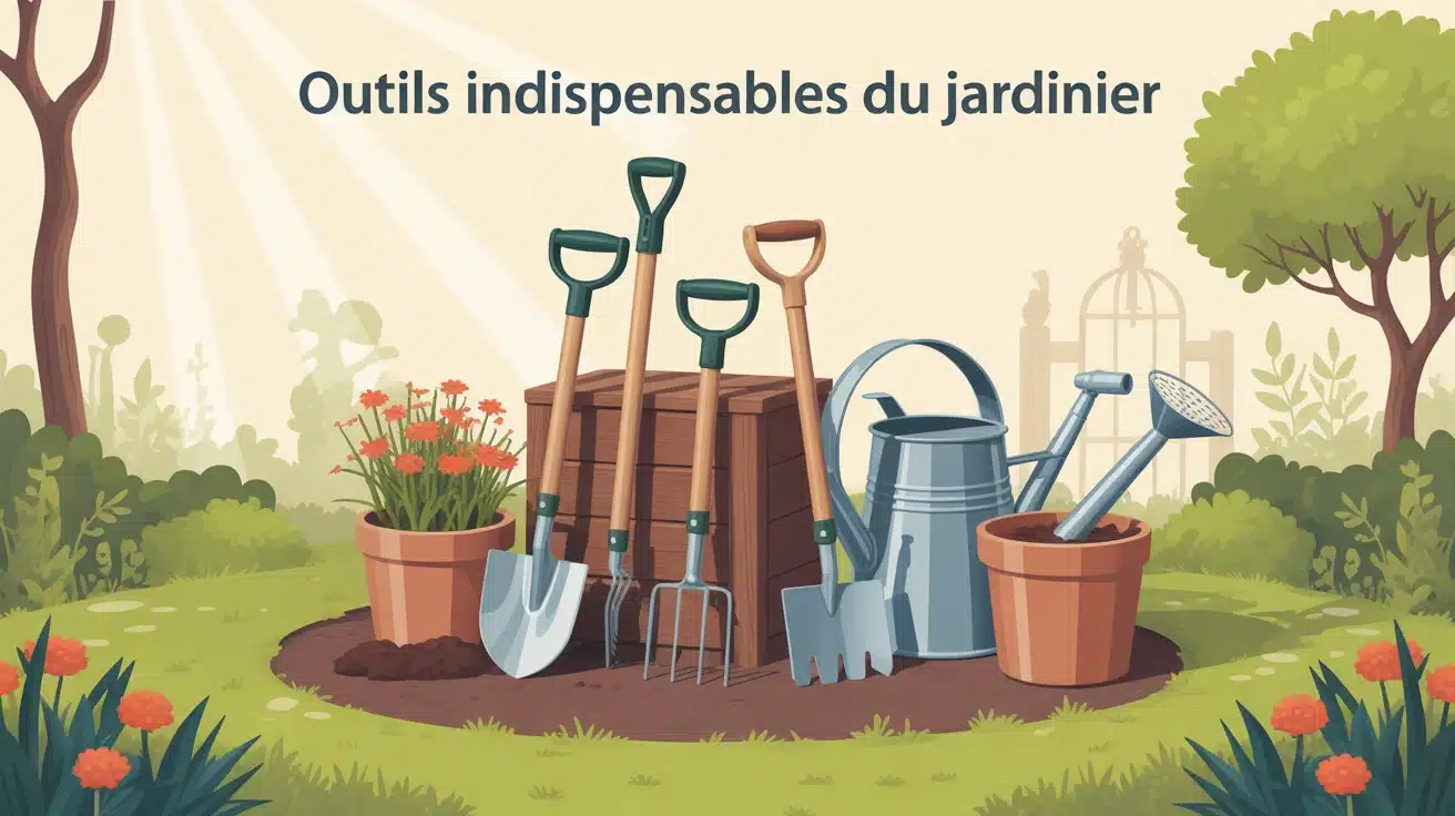 Outils de jardinage liste avec photos sur fond de jardin