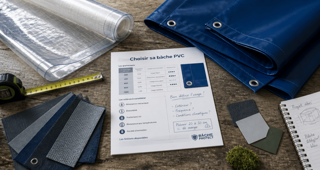 bache pvc grammage 650g 900g sur plan de travail