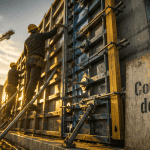 Ouvriers coffrage mur béton chantier