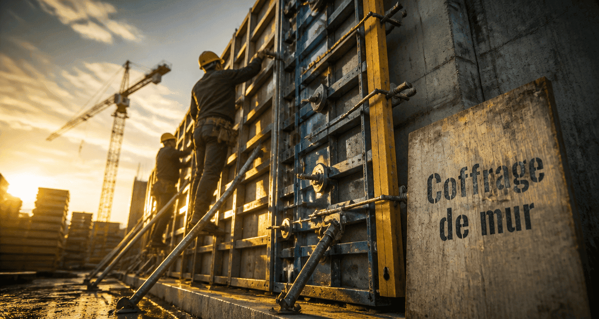 Ouvriers coffrage mur béton chantier