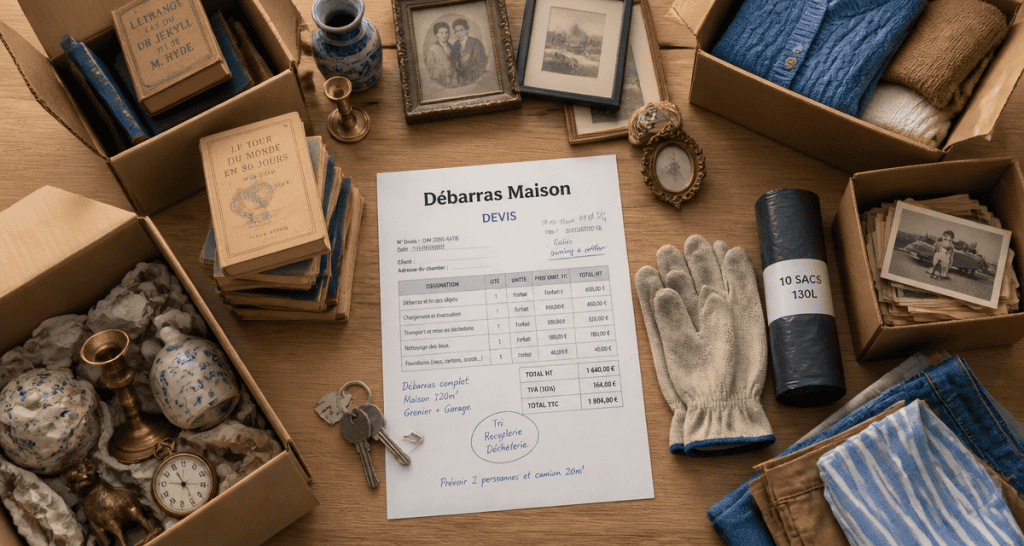 debarras maison devis sur table avec objets