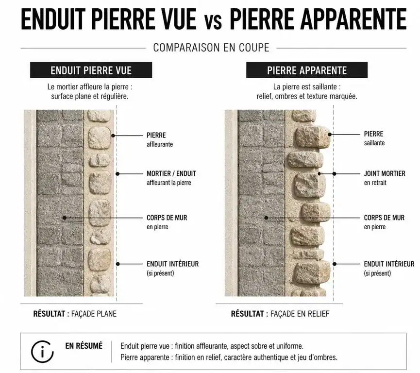 Schéma comparatif enduit pierre vue et pierre apparente
