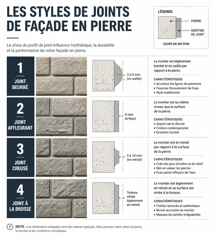 Schéma comparatif des différents types de joints pour une façade en pierre apparente