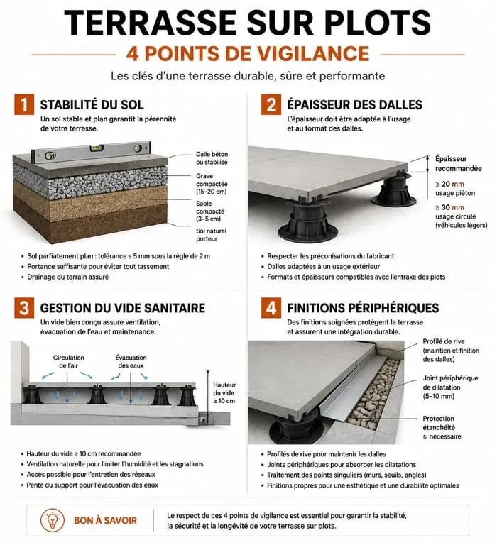 Infographie des points de vigilance pour la pose de carrelage sur plots