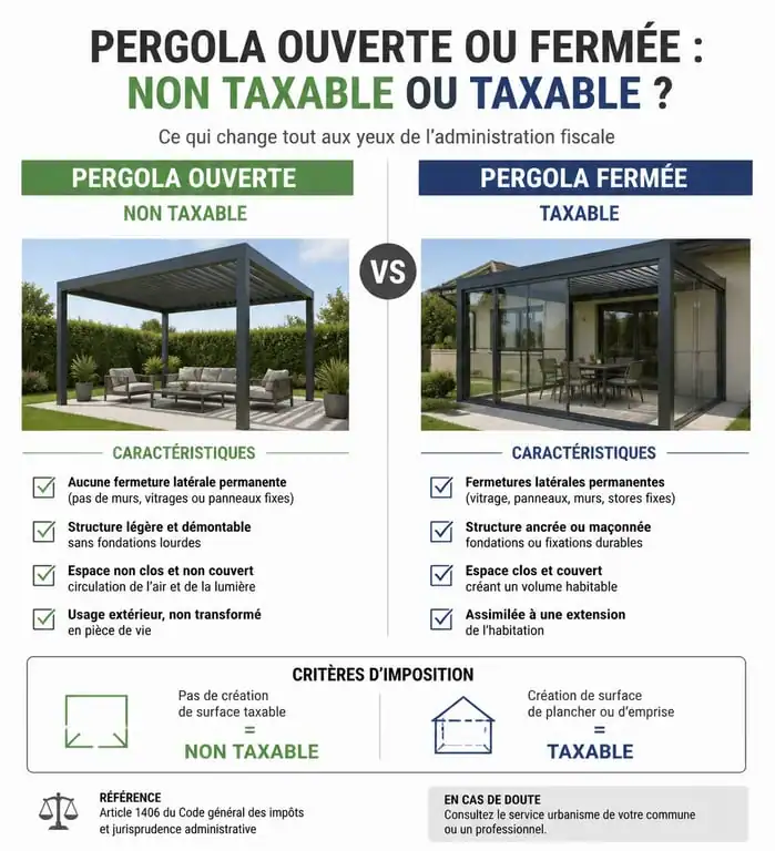 Infographie comparative : pergola ouverte non taxable vs pergola fermée taxable