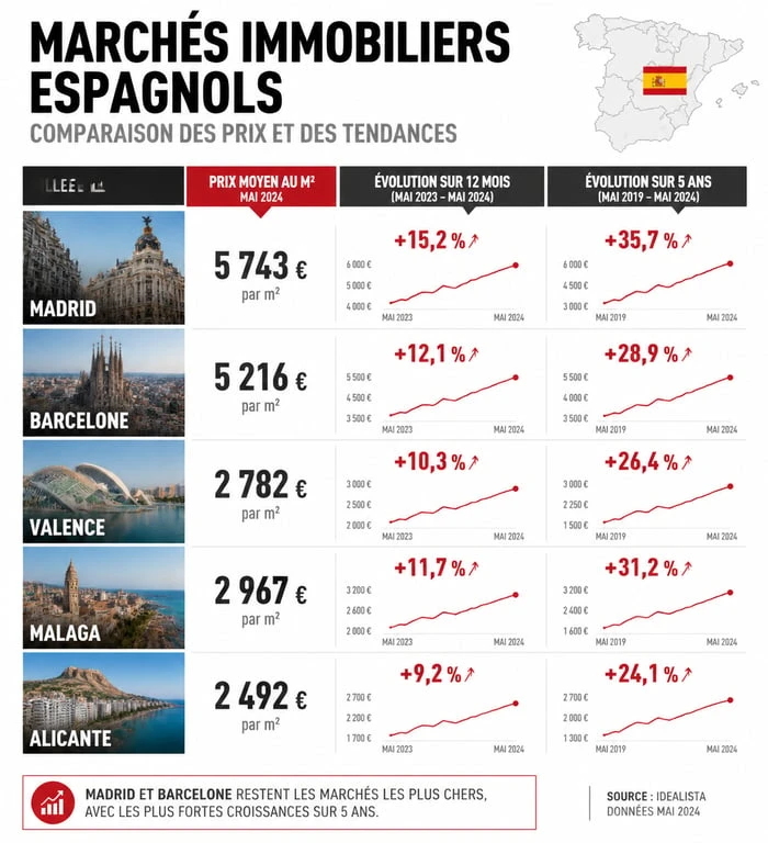 Infographie comparative des prix et rendements de l'immobilier en Espagne par ville