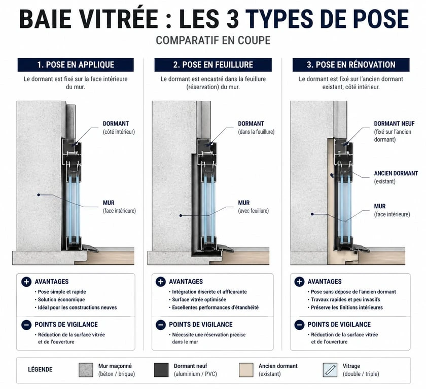 Schéma comparatif des méthodes d'installation baie vitrée : applique, feuillure et rénovation