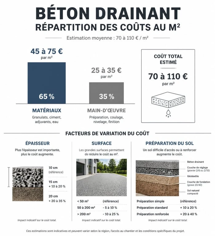 Infographie sur le prix du béton drainant au m2 : répartition des coûts et facteurs influençant le budget.
