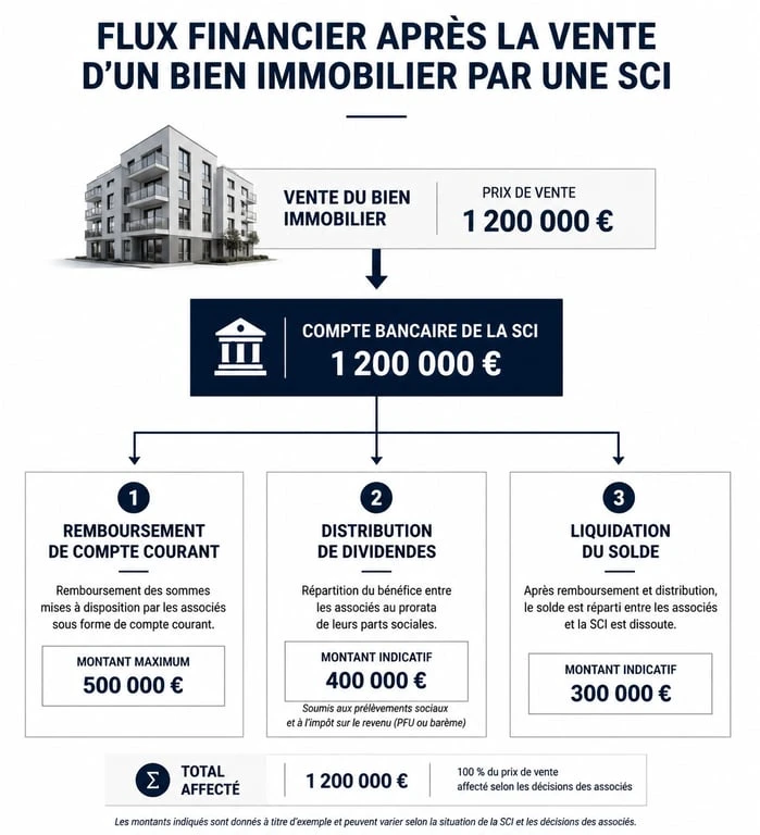 Schéma du processus de récupération de l'argent après la vente d'un bien immobilier en SCI