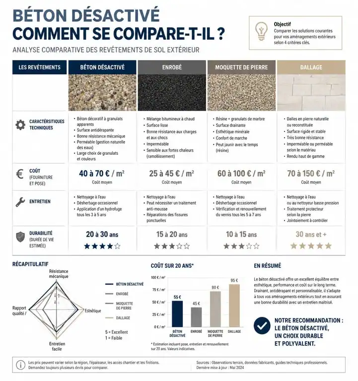 Comparatif des revêtements extérieurs : béton désactivé, enrobé, moquette de pierre et dallage