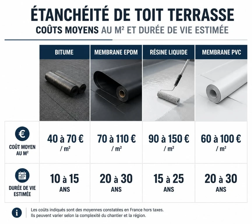 Comparatif des prix au m2 et durée de vie pour l'étanchéité toit terrasse