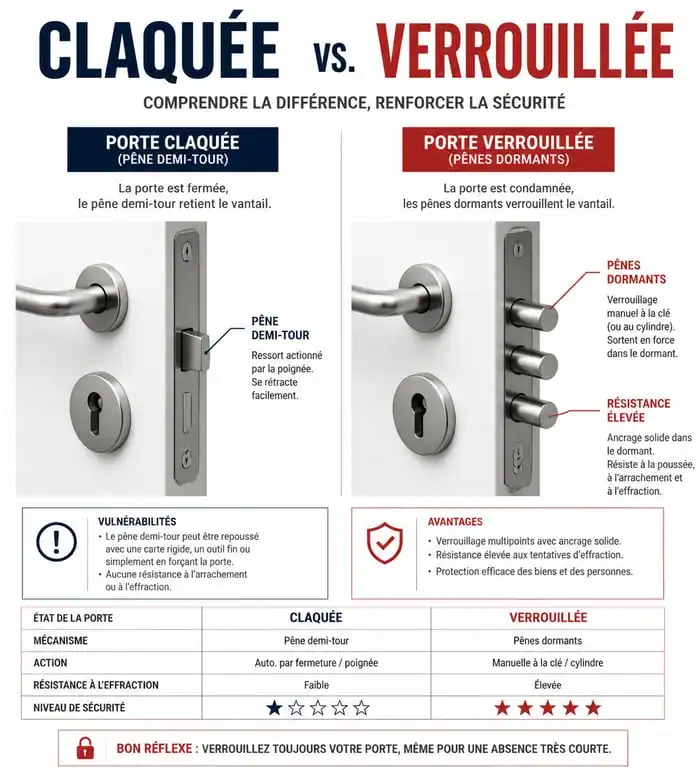 Schéma technique expliquant la différence entre une porte claquée et une porte verrouillée pour savoir comment ouvrir une porte sans clé.