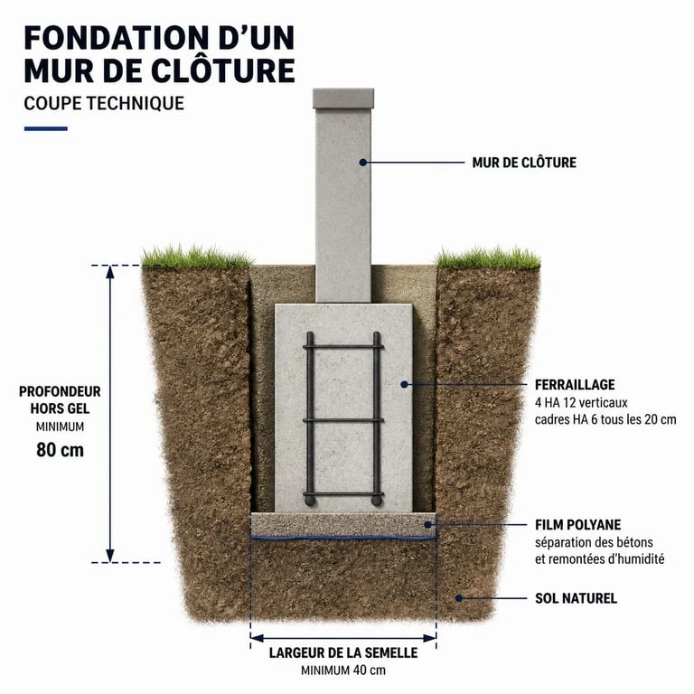 Schéma technique des fondations d'un mur de clôture avec dimensions et composants