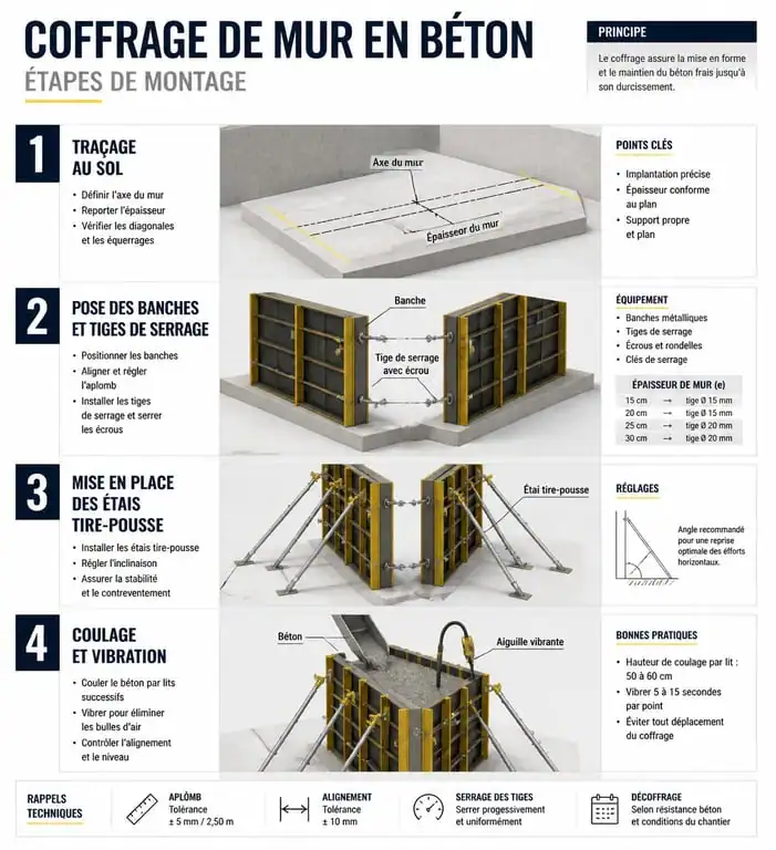 Étapes de montage d'un coffrage de mur en béton pour chantier