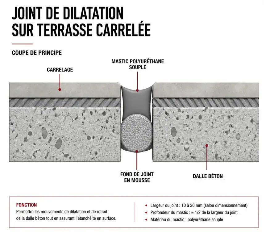 Schéma en coupe d'un joint de dilatation de terrasse extérieure avec fond de joint et mastic
