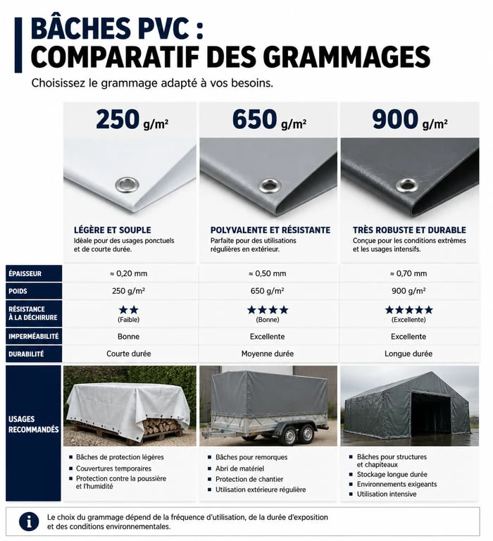 Tableau comparatif des grammages de bâche PVC et leurs usages recommandés