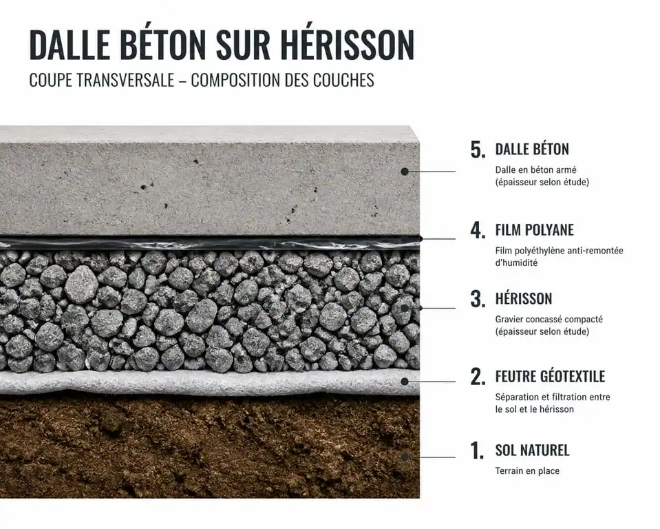 Coupe technique d'une dalle béton sur hérisson avec géotextile et polyane